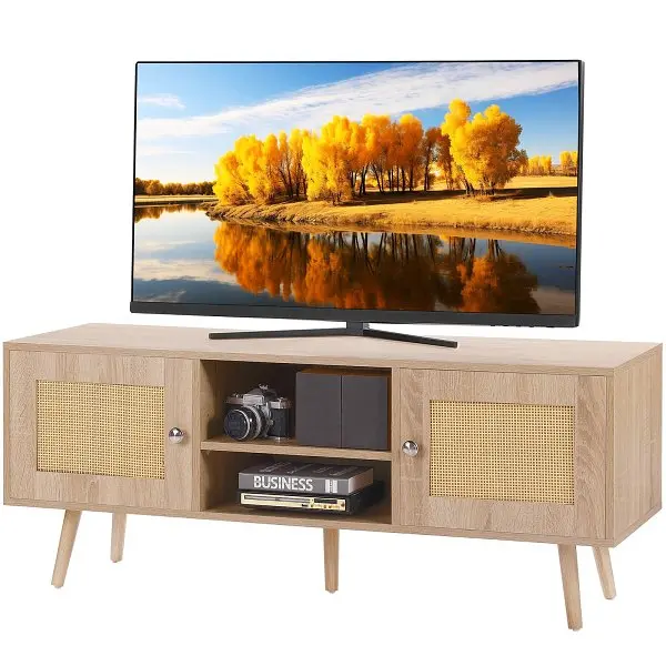 VEVOR Rattan TV Stand, Boho TV Cabinet 55 inch TV, Mid Century Modern TV Stand, Oak, TBDSJ47INXMSQ9ZW3V0