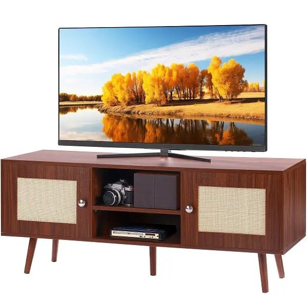 VEVOR Rattan TV Stand, Boho TV Cabinet 55 inch TV, Mid Century Modern TV Stand, Walnut, TBDSJ47INHTMOXPGTV0