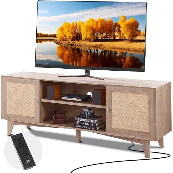 VEVOR Rattan TV Stand, Mid Century Modern TV Stand 75 inch TV, Boho Rattan TV Cabinet Build- Socket & USB Ports, TBDSJ...