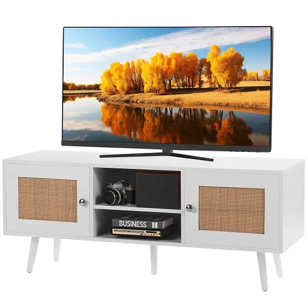 VEVOR Safe Rattan TV Stand, Boho TV Cabinet 55 inch TV, Mid Century Modern TV Stand, White, TBDSJ47INBSLSI0TBV0