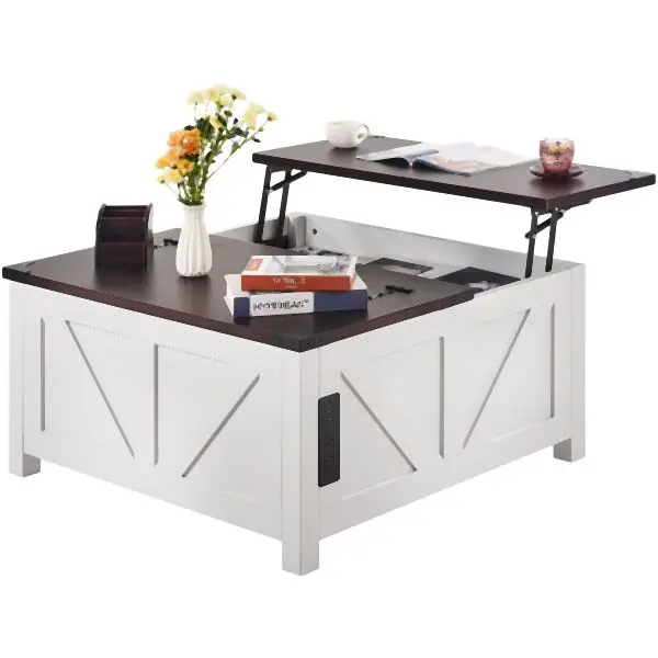 VEVOR Tool-Free 36" Farmhoutilize Coffee Table Hinged Lift Top Square Table Power Strip, ZFXBSKFZ36YC412GHV1