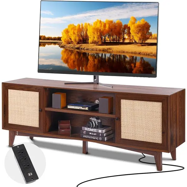 VEVOR Top-Tier Rattan TV Stand 75" TV Rattan Door, Entertainment Center Build- Socket, Storage Cabinet 2 Shelves, Wal...