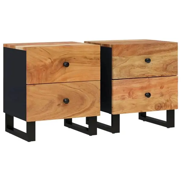 vidaXL Bedside Cabinets 2 pieces 15.7"x13"x18.1" Solid Wood Acacia, Jet Black colored, 2 drawers each, 345217