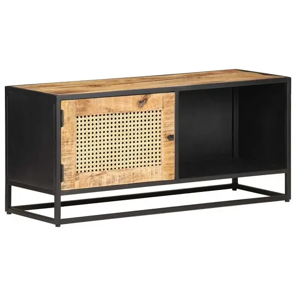 vidaXL Fortified TV Stand 35.4"x11.8"x15.7" Rough Mango Wood and Natural Cane, Brown colored, 323144