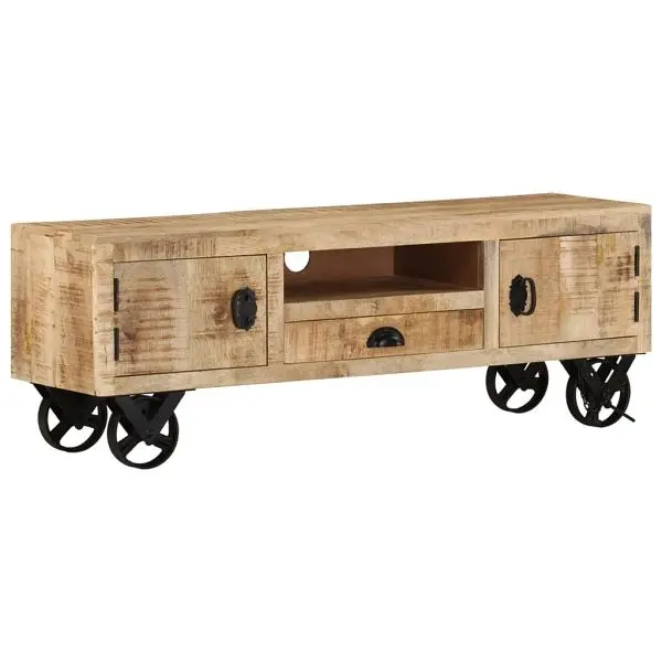 vidaXL TV Stand Wheels 43.3"x11.8"x14.6" Rough Mango Wood, Brown colored, 328317