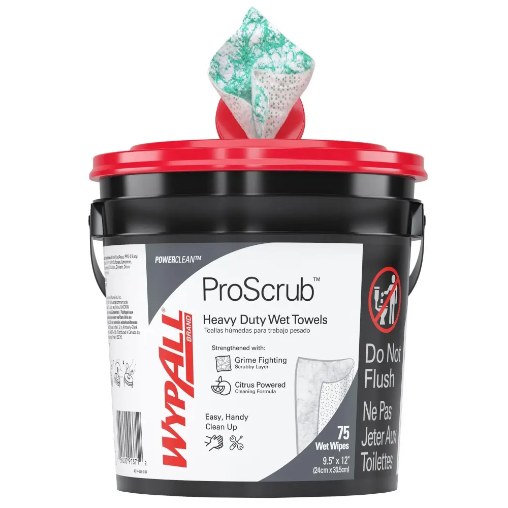 Cleaning Wipes: Bucket, 9 1/2 x 12 Sheet Size, 75 Wipes per Container, Green/White - 1 Each