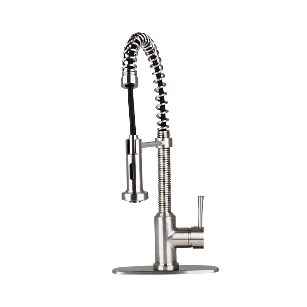 Fontaine Italia Residential Spring Coil Pull Down Kitchen Faucet Flat Spray Head Deck Plate Matte Nickel | Low Noise Pump