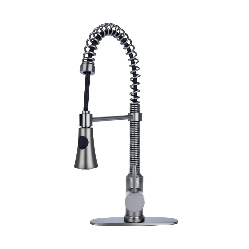 Fontaine Italia Residential Spring Coil Pull Down Kitchen Faucet Cone Spray Head and Deck Plate Pewter | Low Noise Pump