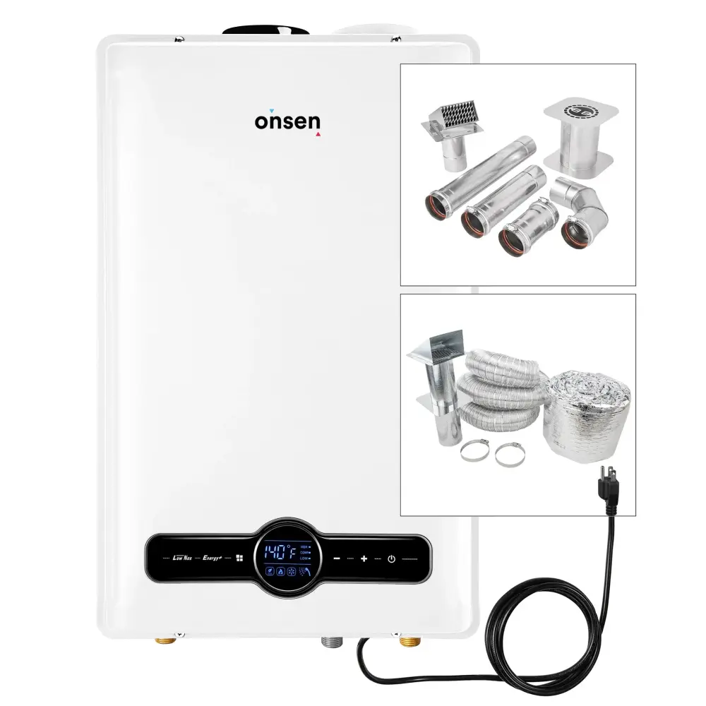 Onsen 26L Indoor Unrefined Gas Tankless Water Heater 6.9 GPM 180K BTU (w/ 3 Inch Wall Vent Kit & Air Intake Kit)