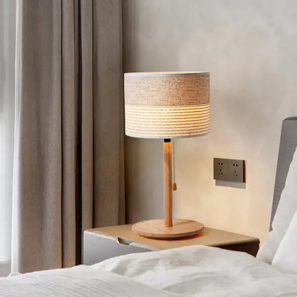Barrel Shade Pull Chain Table Lamp Cutting-edge Striped Fabric Single Bedside Night Light Wood Stand Multicolor
