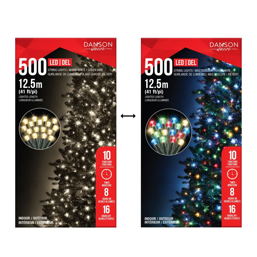 Dual-Color String 500 LED Lights on Green Wire 41' (12.5 m), Thermal White and Milticolor