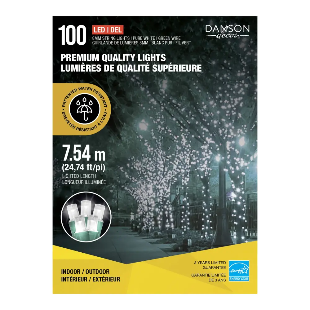 String 100 High-Quality 8 mm LED Lights on 24.74' (7.54 m) Green Wire, Pure Ivory