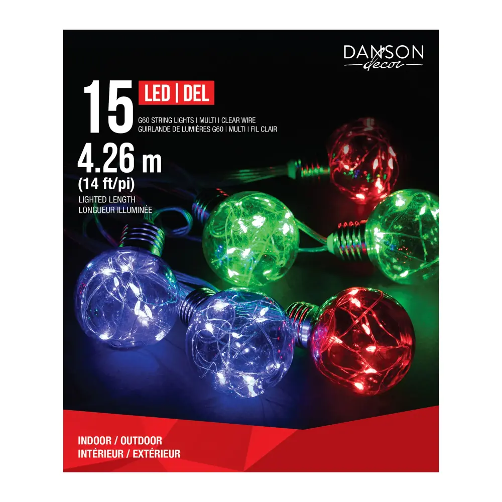 String 15 G60 Lights 8 Mini LED Dots Each Clear Globe 14' (4.26 m), Multicolor