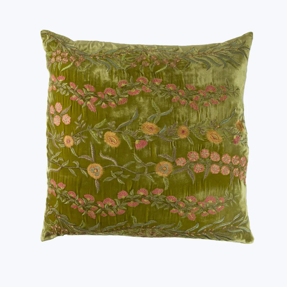 Tivoli Garden Silk Velvety Pillow, Foliate Green Hidden Zipper | Machine Washable