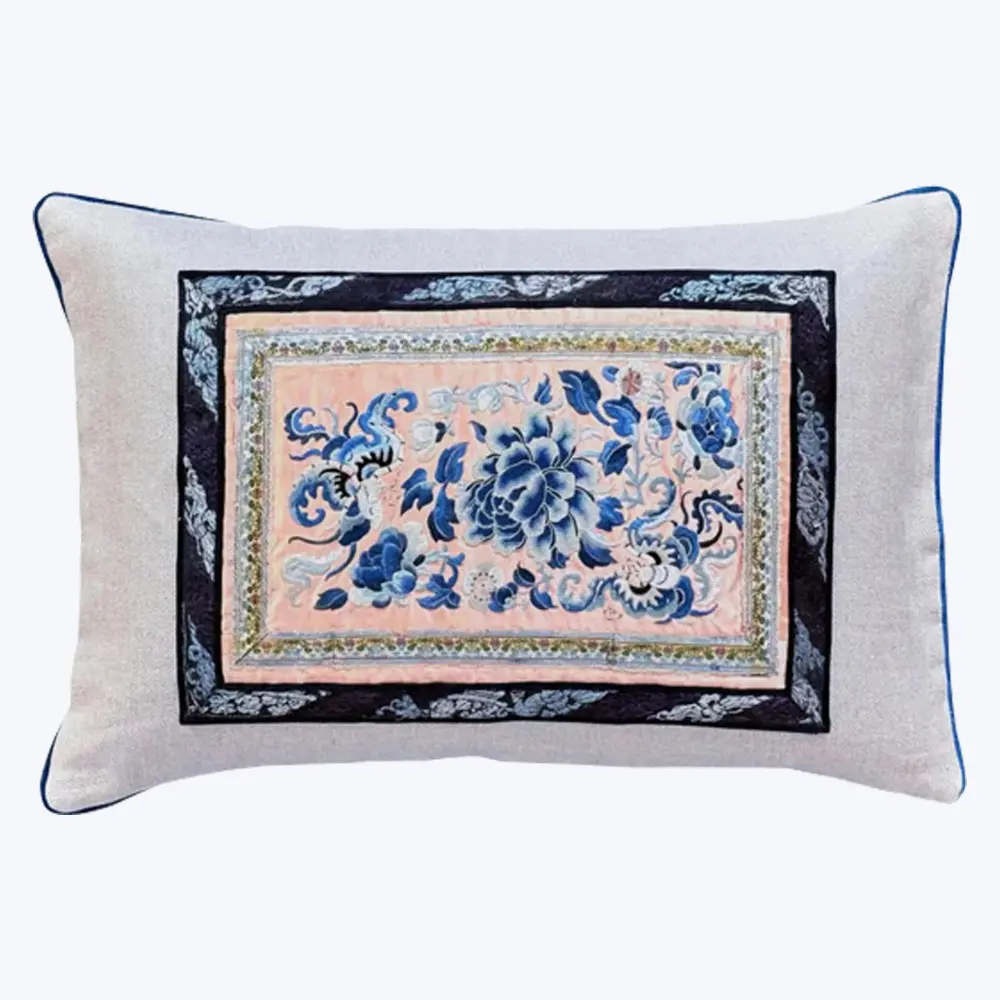 Vintage Silk Embroidery Lumbar Pillow, Blue Peony