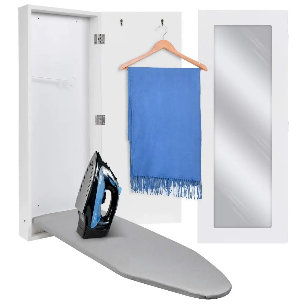 Adjustable Height Ivation Ironing Board, Wall Mounted Ironing Board Cabinet W/Right Side Door, Mirror & Lever, Ivory