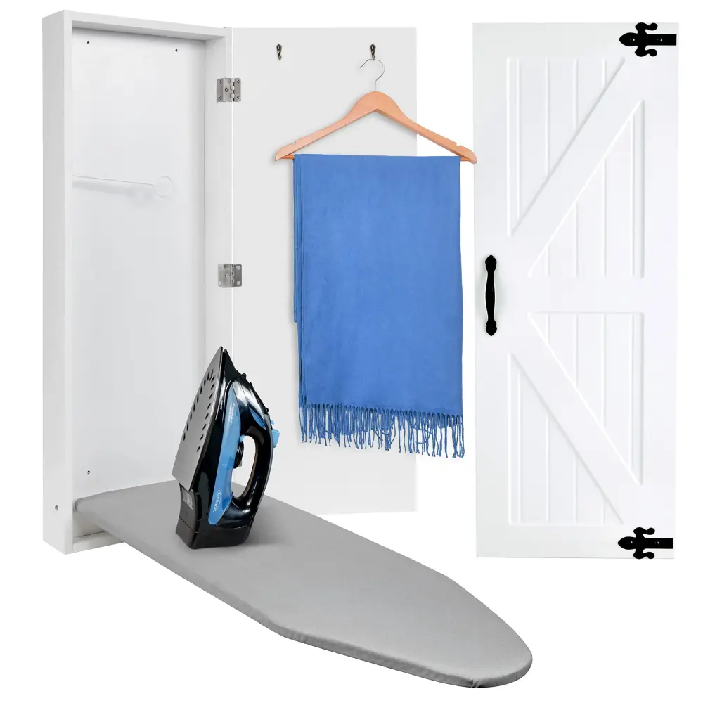 Ivation Ironing Board, Wall Mounted Ironing Board Cabinet W/Farmhouse Door & Release Lever, Chalk Stable Legs