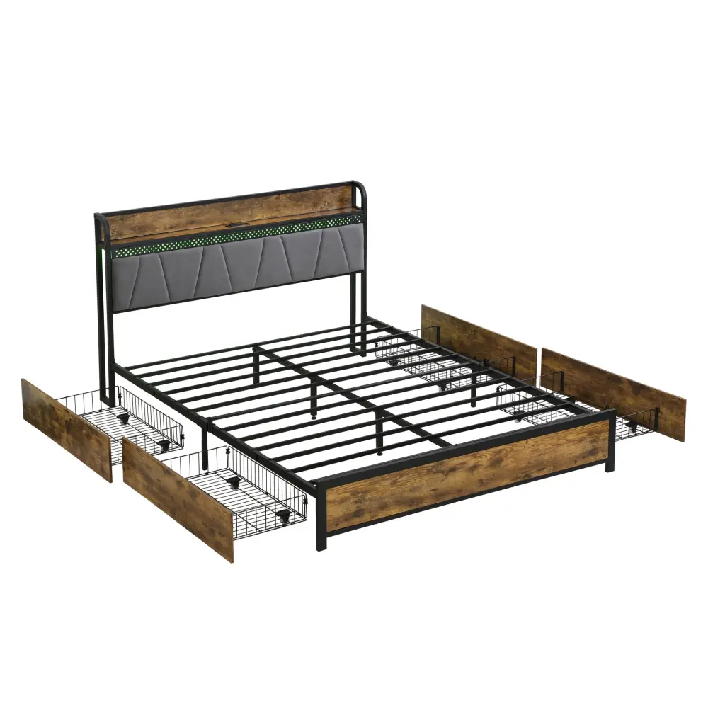 Sturdy Wooden Contemporary Bed Frame Storage Headboard, Charging Station, LED Lights