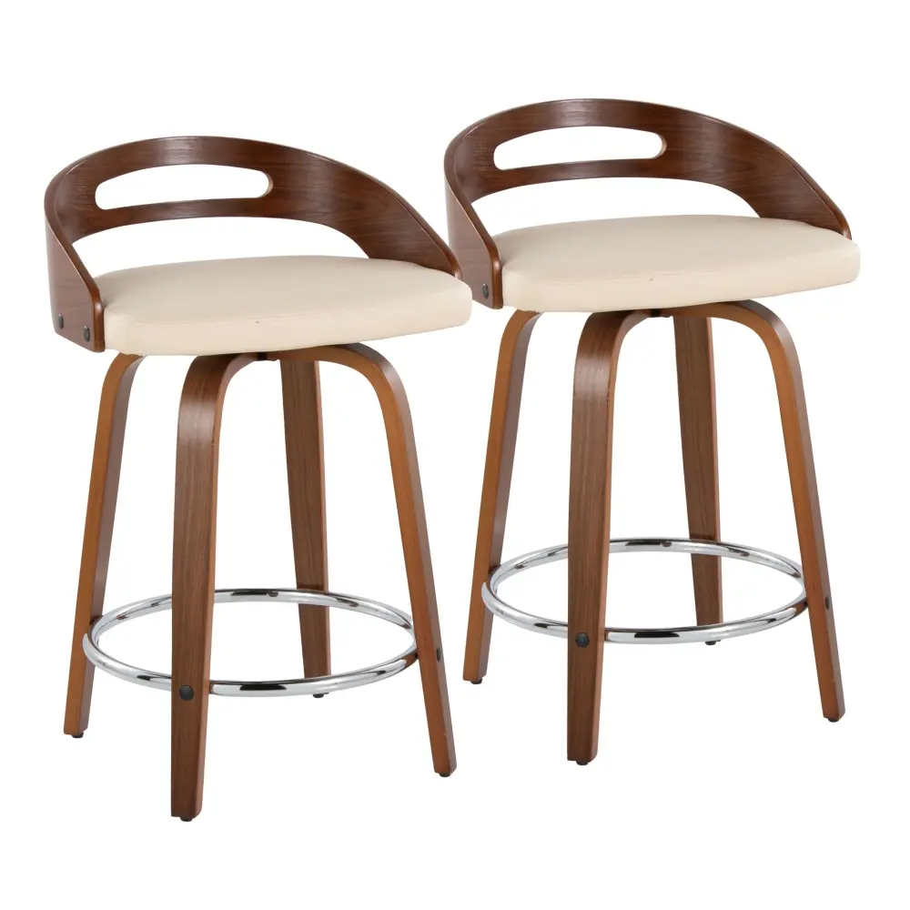 Cassis - Mid-Century Modern Fixed Height Counter Stool Swivel adjust 2) - Beige / Walnut