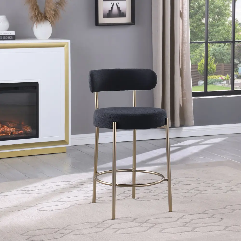 Modern Sherpa Counter Height Stools, Uphsoltered Seat Height Barstools Brushed Brass Metal Legs Round Low Back Kitchen Sto...