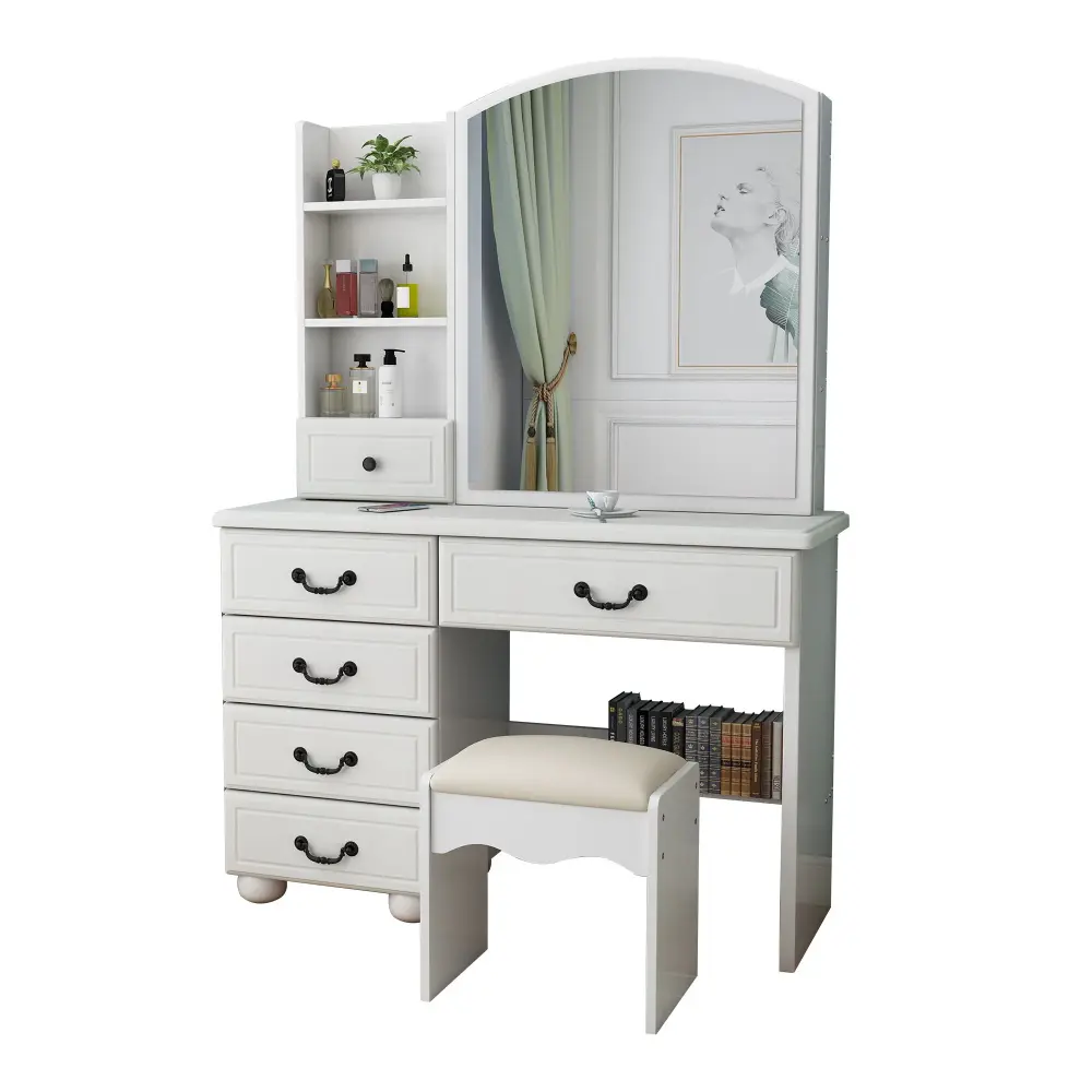 Fashion Vanity Desk Mirror And Adjustable Lighting, 6 Drawers, 3 Color Airy Modes - White