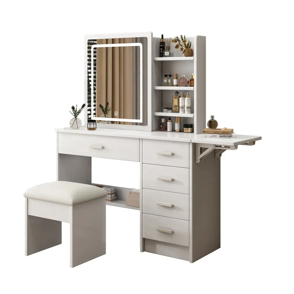 Fashion Vanity Desk Mirror And Lights Makeup, 5 Drawers, Flexible Lighting - White