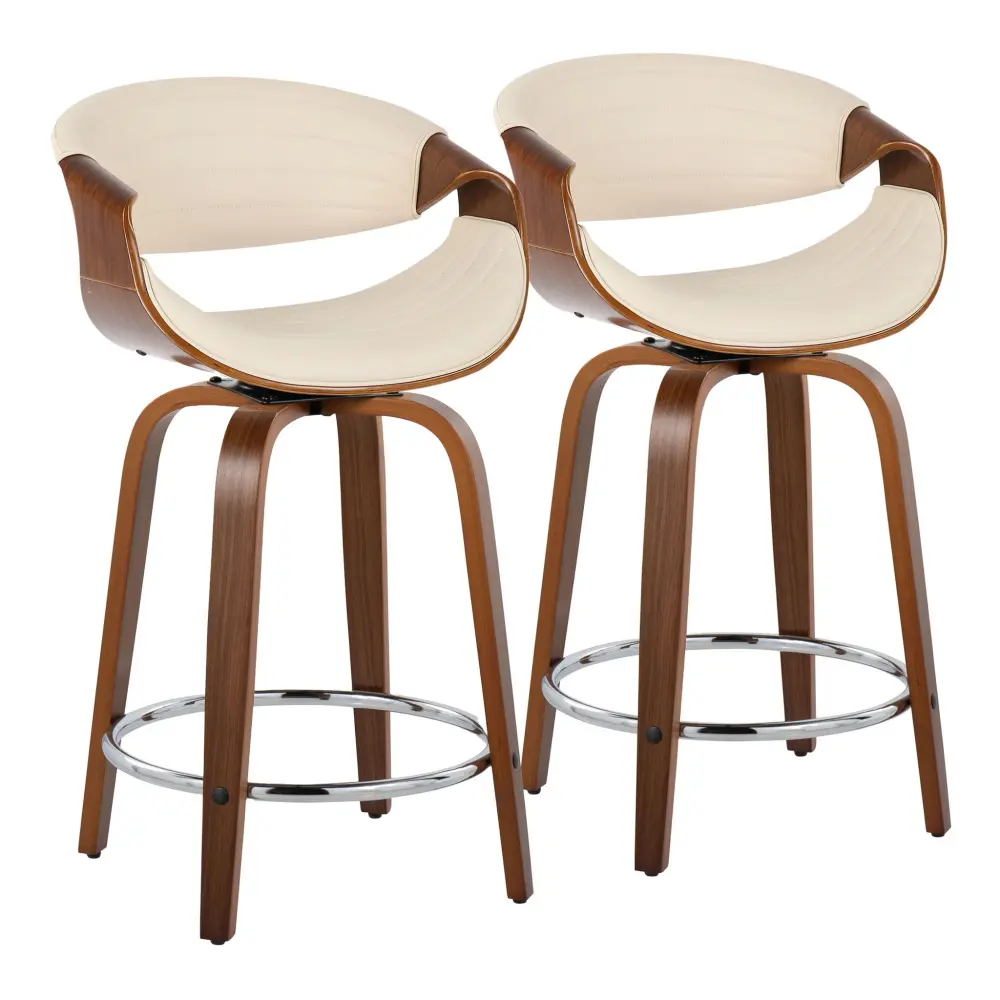 Symphony - Mid-Century Modern Fixed Height Counter Stool Swivel And Round Footrest place 2) - Walnut / Cream