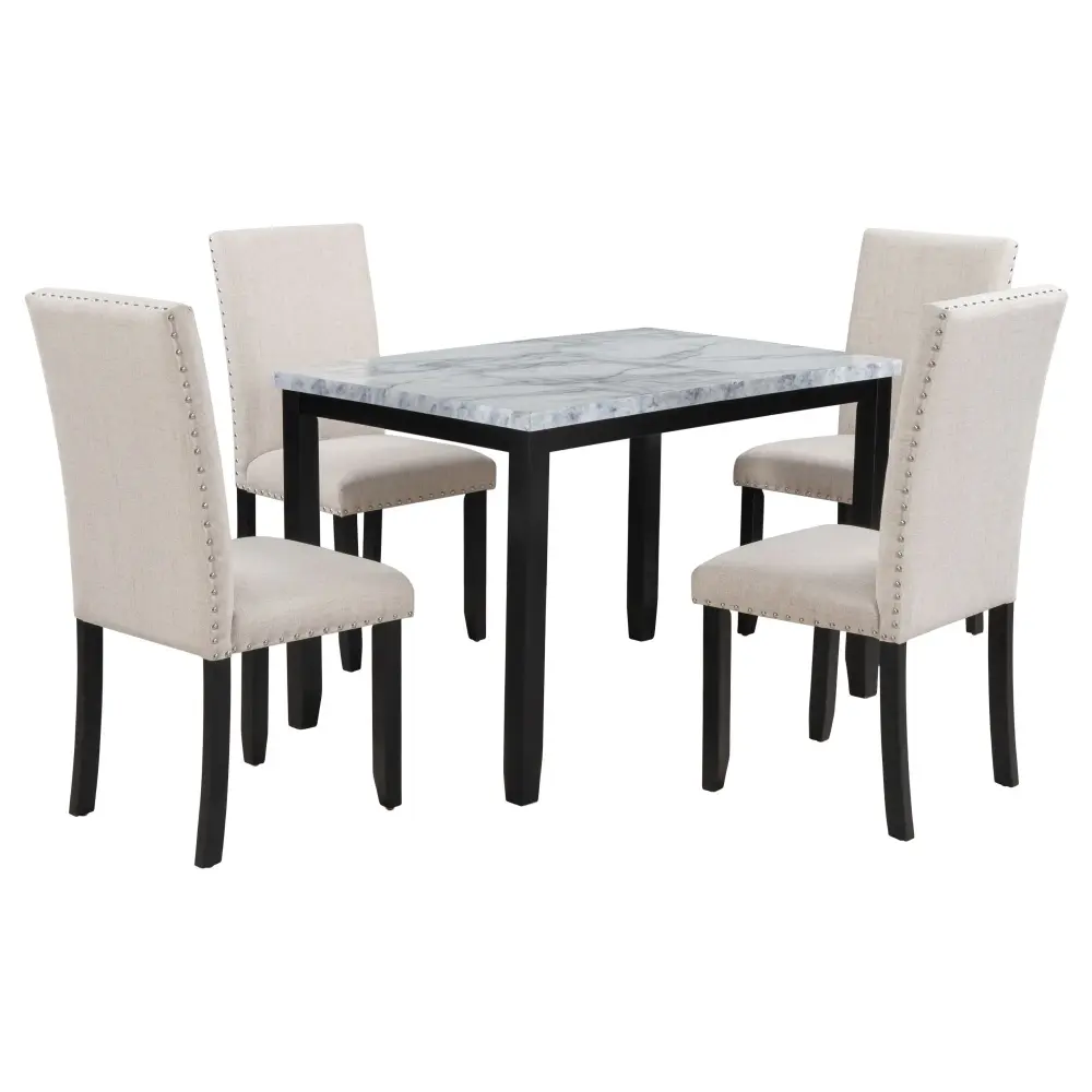 5 Piece Dining Set Table 4 Thicken Cushion Dining Chairs - White / Beige / Onyx