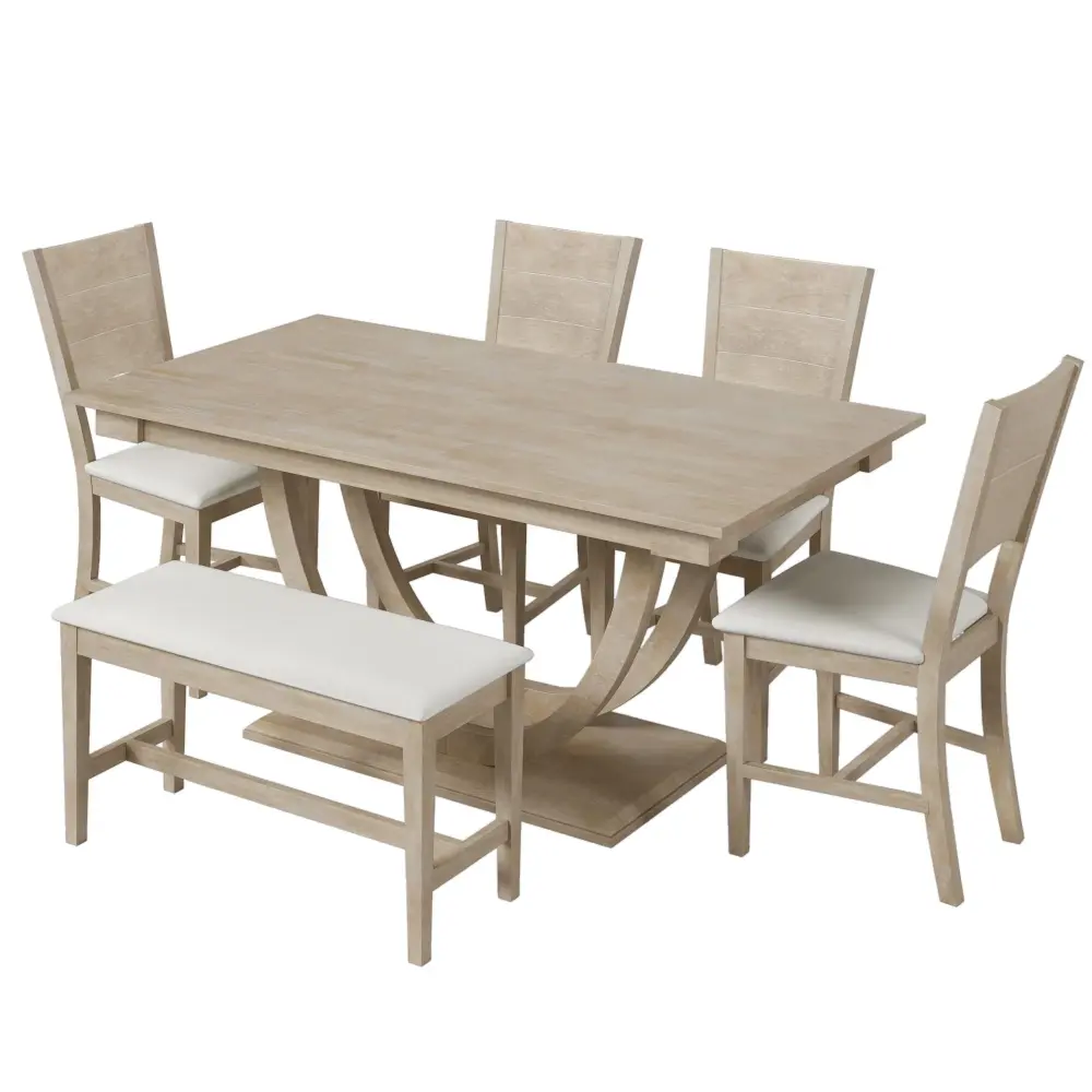 Topmax - 6 Piece Wood Half Round Dining Table Set Kitchen Table Set Lengthy Bench And 4 Dining Chairs, Modern Style
