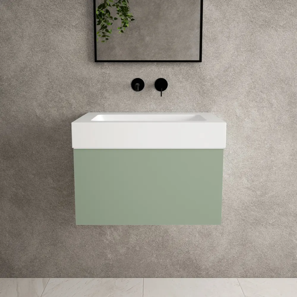 Raffinata One Drawer Vanity Unit Beyondstone BLOC Basin - Matt Airy Green 600mm