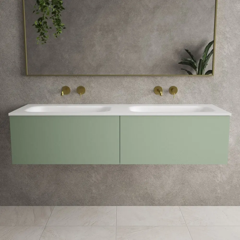Raffinata Two Drawer Vanity Unit Beyondstone Duplicate Basin - Matt Light Green 1400mm