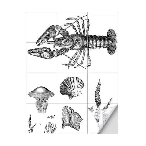 Stick On Grey Kids Wallpaper Panels 8' x 8" Lobster and Sea Shell Pattern Wall Art Home