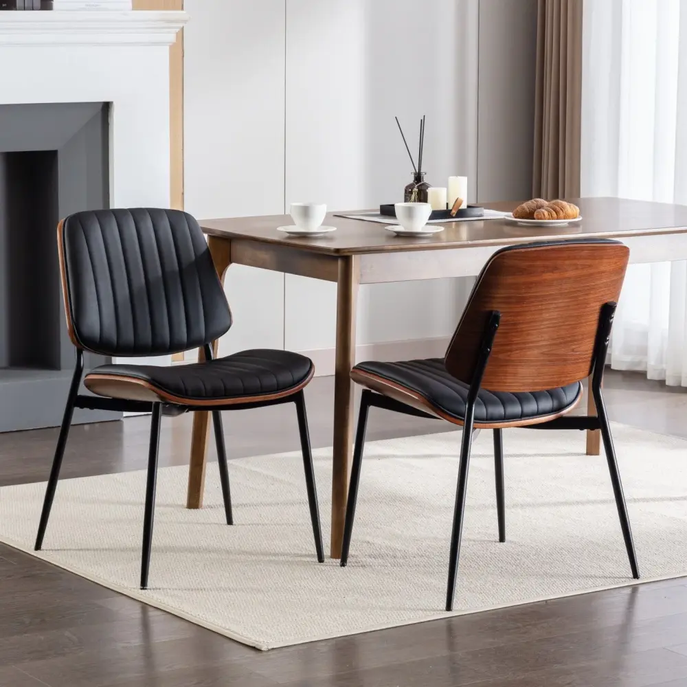 Dining Chairs (Set 2) Mid-Century Present-day Retro Chair Walnut Bentwood Back Upholstered Seat Metal Legs Adjustable Foot...