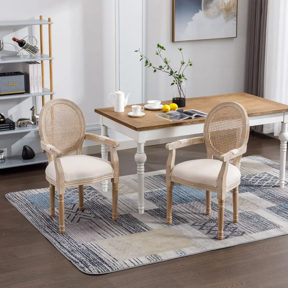 Drop-Leaf French Vintage Upholstered Fabric Dining Armchair (Set 2) - Khaki
