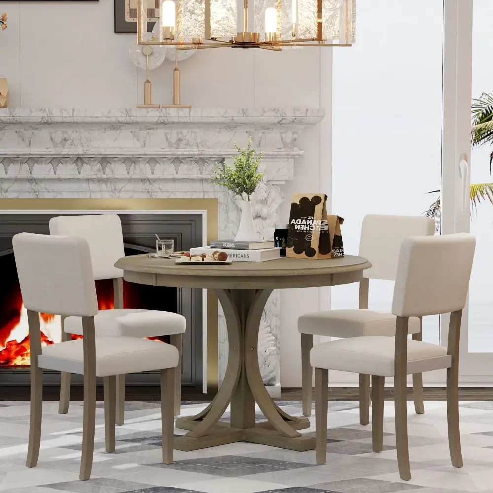 Extendable Farmhouse Retro Round Dining Table Place Curved Trestle Style Table Legs And Upholstered Chairs Dining Room