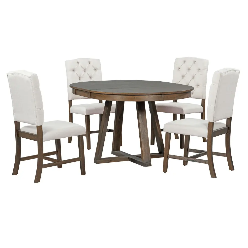 Retro Functional Dining Place, Round Table Leaf And Upholstered Chairs Dining Room And Living Room