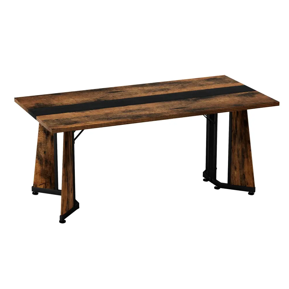 Drop-Leaf Rustic Rectangular Big Dining Table, Waterproof Desk 8 People, & Steel Adjustable Legs - Black / Rustic Brown