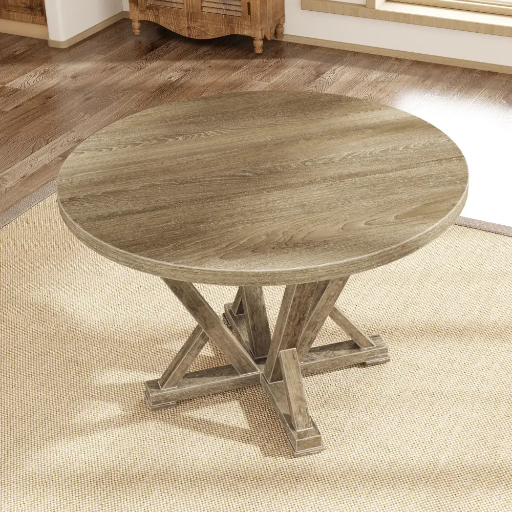 Modern Farmhouse Round Dining Table Solid Wood Rubberwood Antique Finishing Rustic Look Distressed Look Wire Brushed 4 Sea...