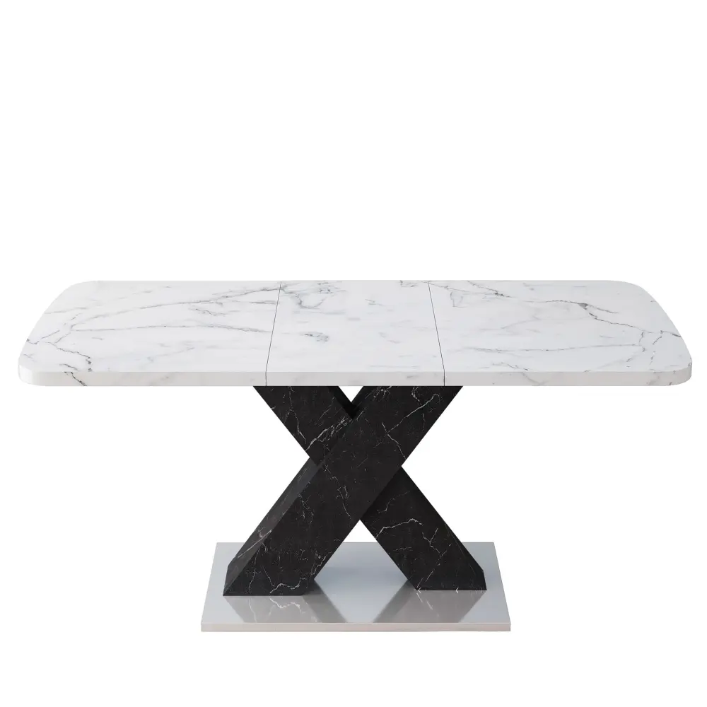 Rectangle Dining Table Stretchable Top, X Shape Mdf Legs Chromed Base - White / Black Scratch-Resistant Top