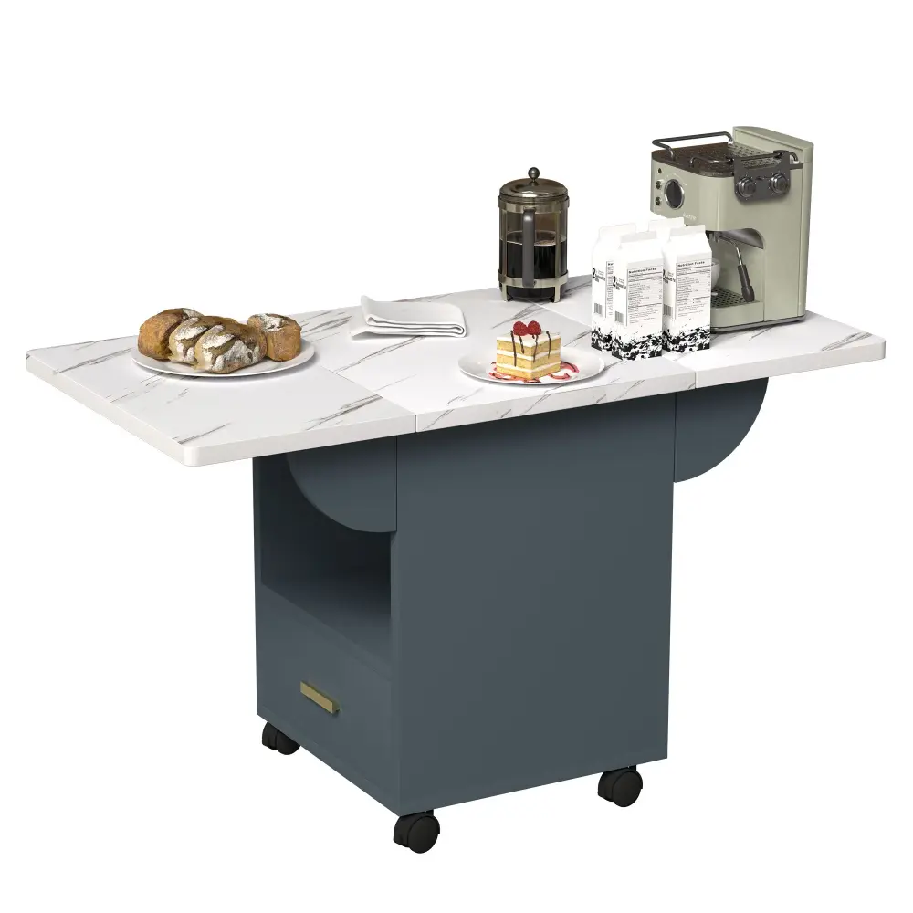 Versatile Wood Folding Dining Table Wheels, Storage Rack & Drawer, Space Saving Design - Snow