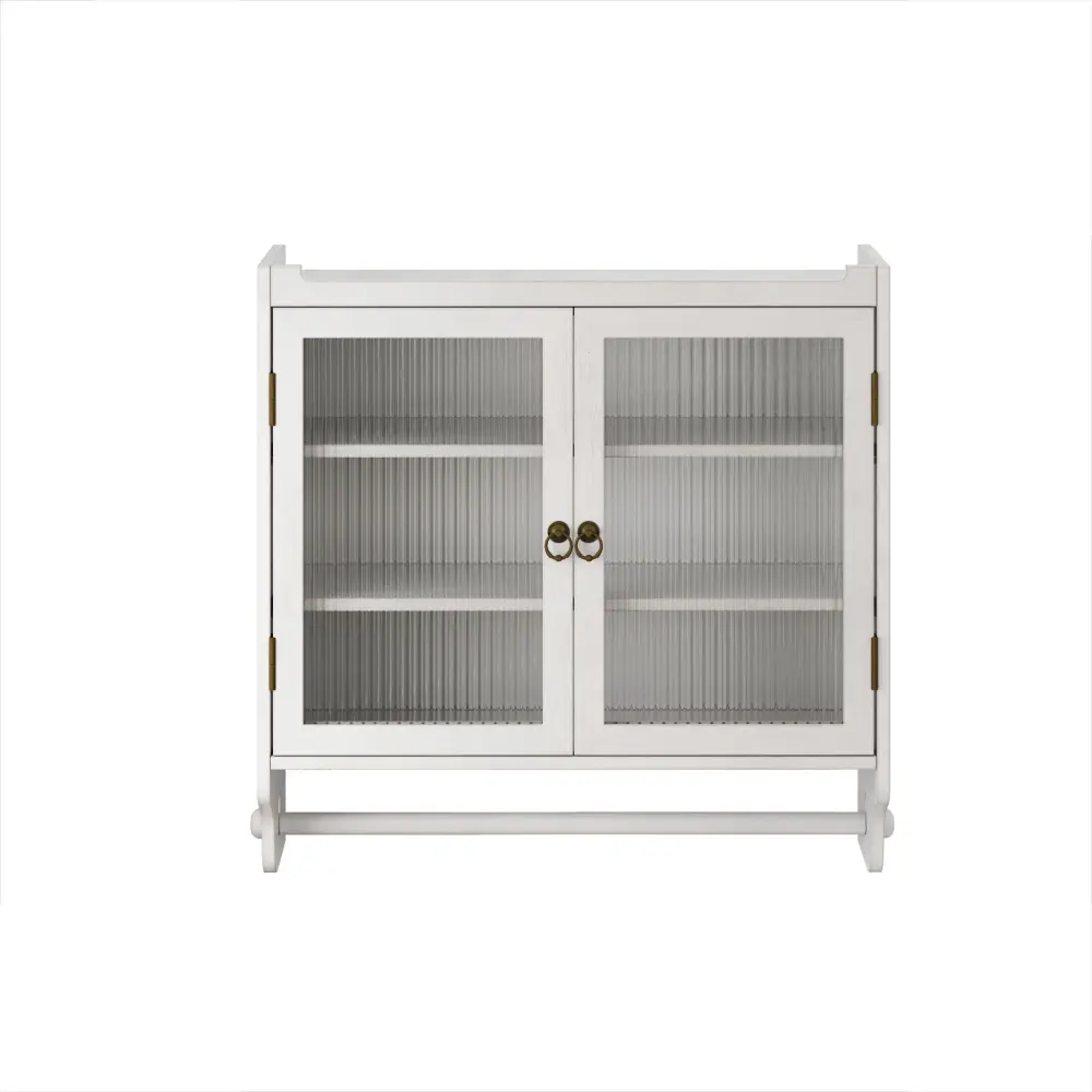 Vintage Double Door Wall Cabinet Three Tiers Storage And Towel Rack - White Washed