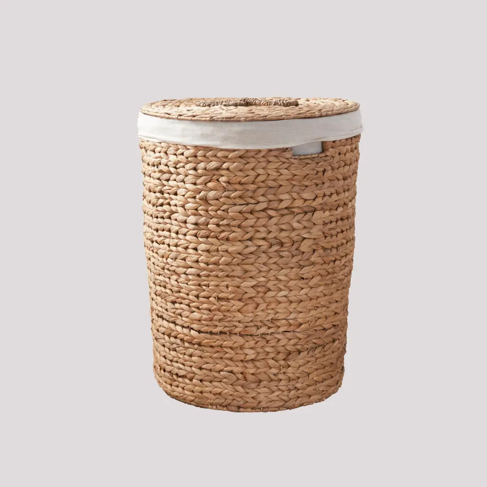 Round Tall Water Hyacinth Woven Wicker Laundry Hamper Lid - Clothes, Toys And Book Storage Removable Liner - 15" X 15" X 2...