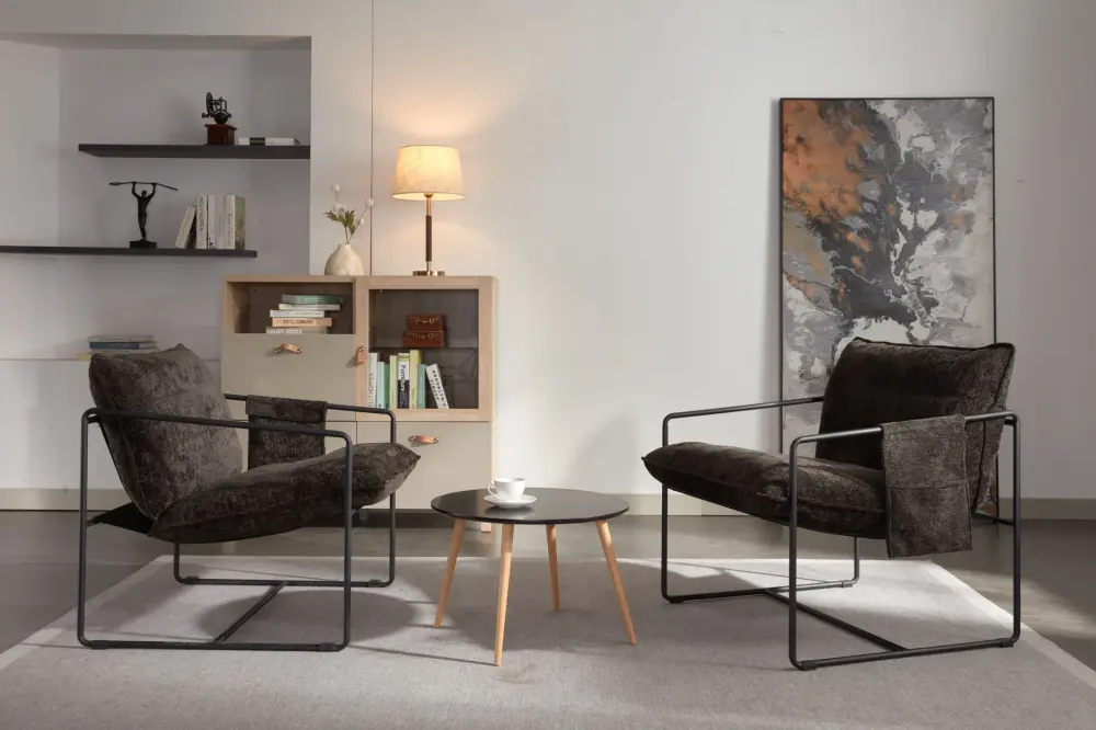 Media Console Upholstered Hanging Armchair Arm Pocket Metallic Frame (Set 2), Crushed Foam Cushions And Skin-Friendly Brai...