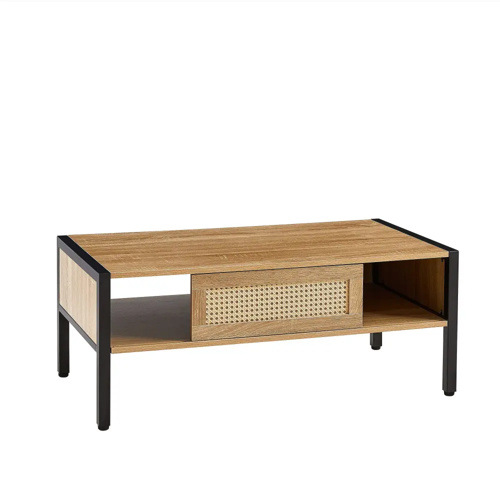 40.16" Rattan Coffee Table, Sliding Door Storage, Steel Legs, Modern Table Living Room