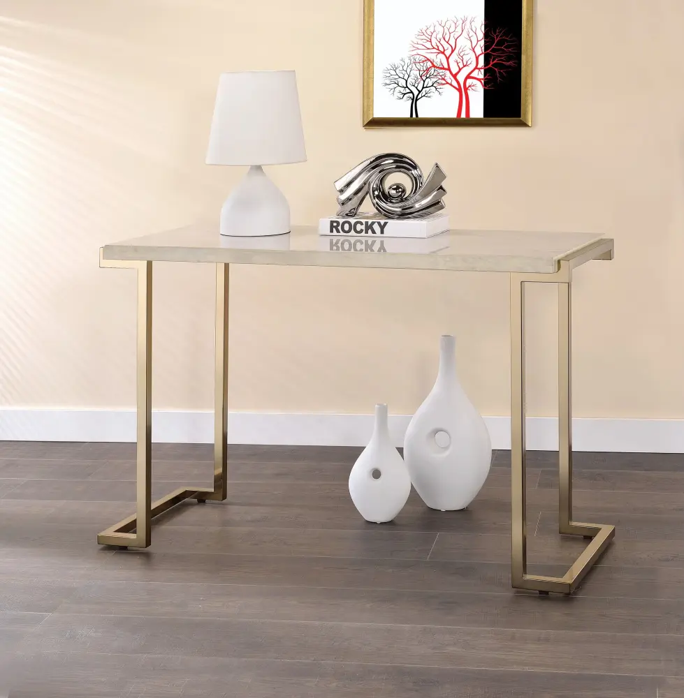 Boice II - Faux Marble Top Sofa Table - Snow / Champagne
