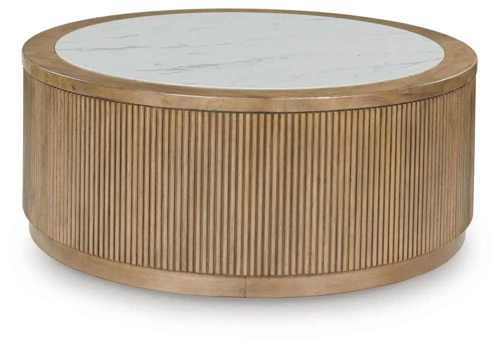 Camdill - Round Cocktail Table - Light Cocoa / White