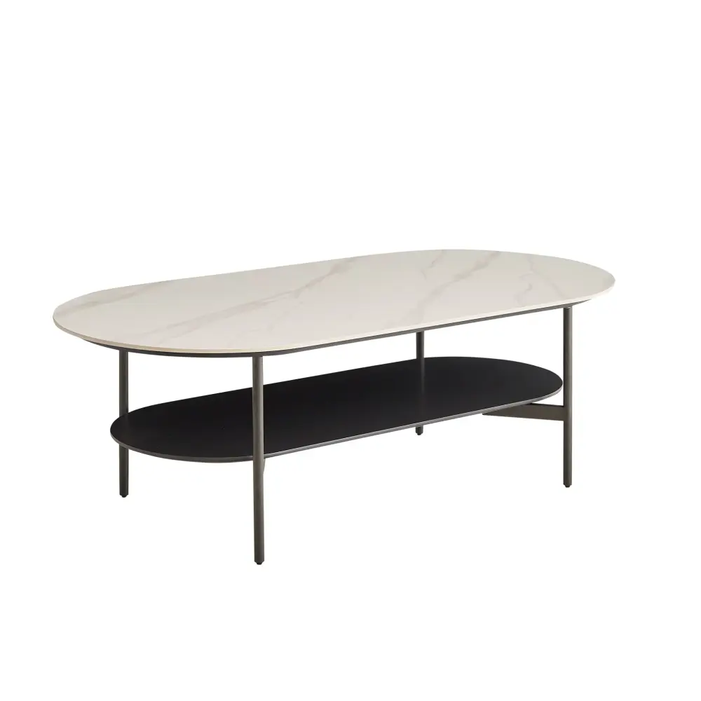 Contemporary Coffee Table Sintered Stone Surface Ceramic Finish Twofold Layer Design Base Matte Shelf Modern Living Room C...