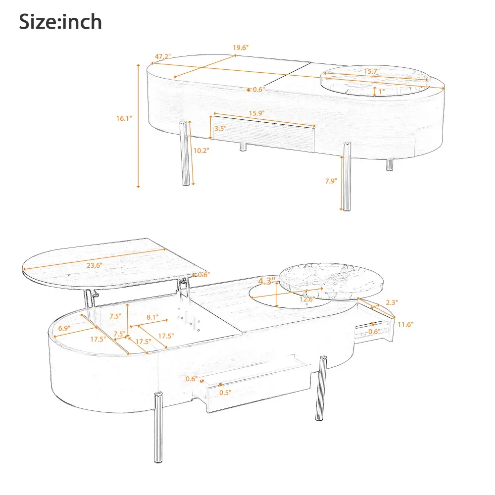 Lift Top Coffee Table 360 Degree Marble Decorative Rotating Tray