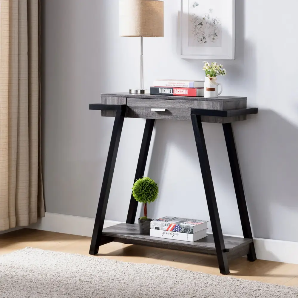 Modern Hallway Display Table Drawer & Bottom Shelve - Distressed Gray / Black