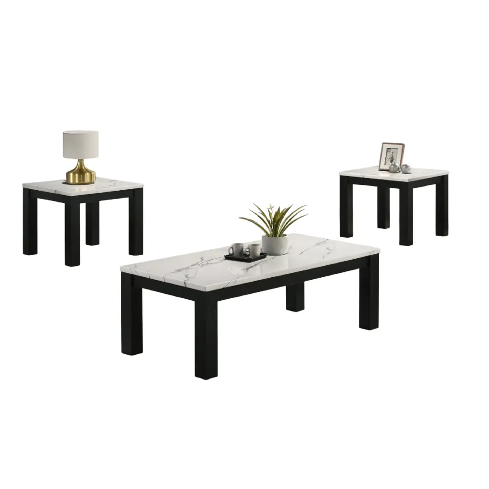 Modern 3 Piece Living Room Table Set Faux Marble Top Wooden - Black / White